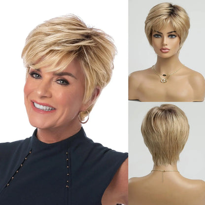 100% Remy Human Hair Wigs, Ombre Blonde Short Bob Pixie Cut Machine Made Wig with Bangs, Human Hair Natural Layered Wigs for Women