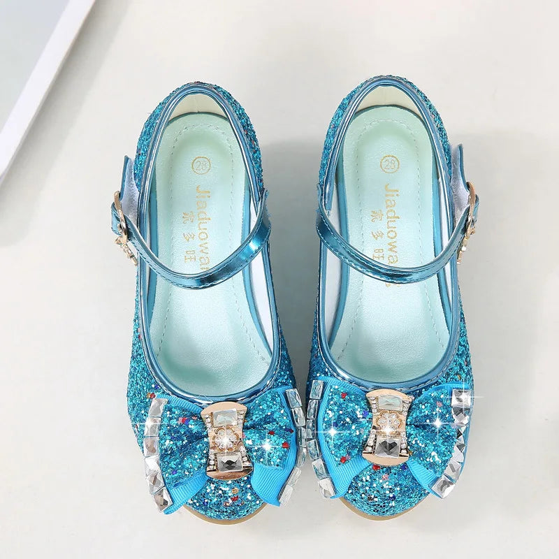 Princess Kids Leather Shoes for Girls Flower Casual Glitter Children High Heel Girls Shoes Butterfly Knot Blue Pink Silver