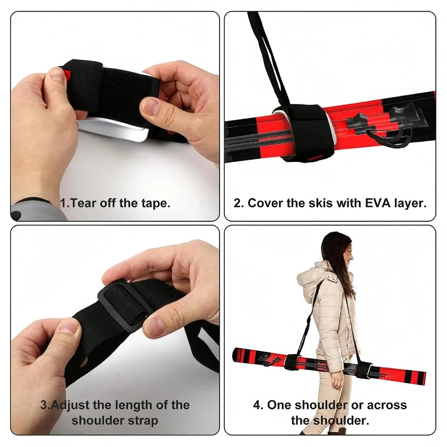 Tolex Ski Fixed Straps Adjustable Shoulder Straps with Cushioned Fastener Tape Strap Loop Strong for Adults Kids Ski Accessories