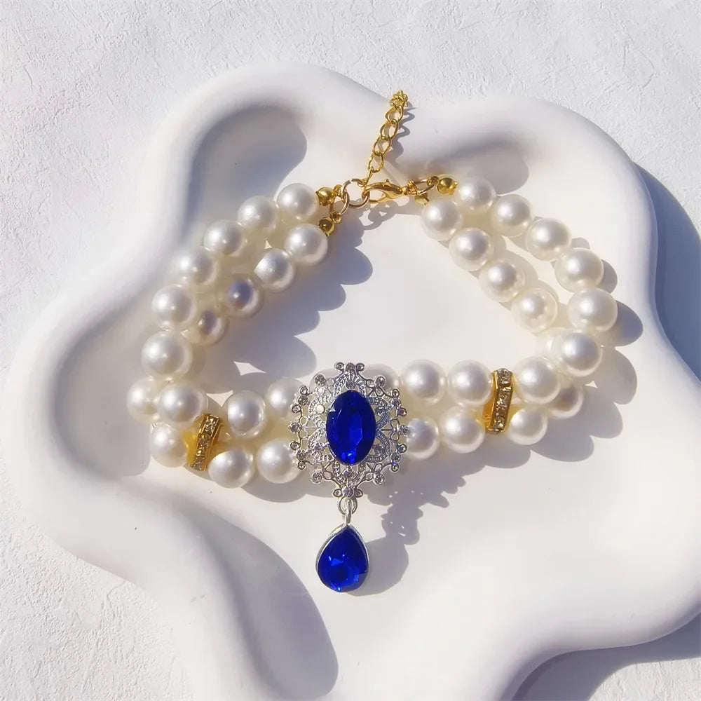 1 collar de perlas de doble capa de lujo para mascotas con colgante de diamante, disfraz de boda, perro, gato, accesorios de joyería de cristal, suministros para mascotas