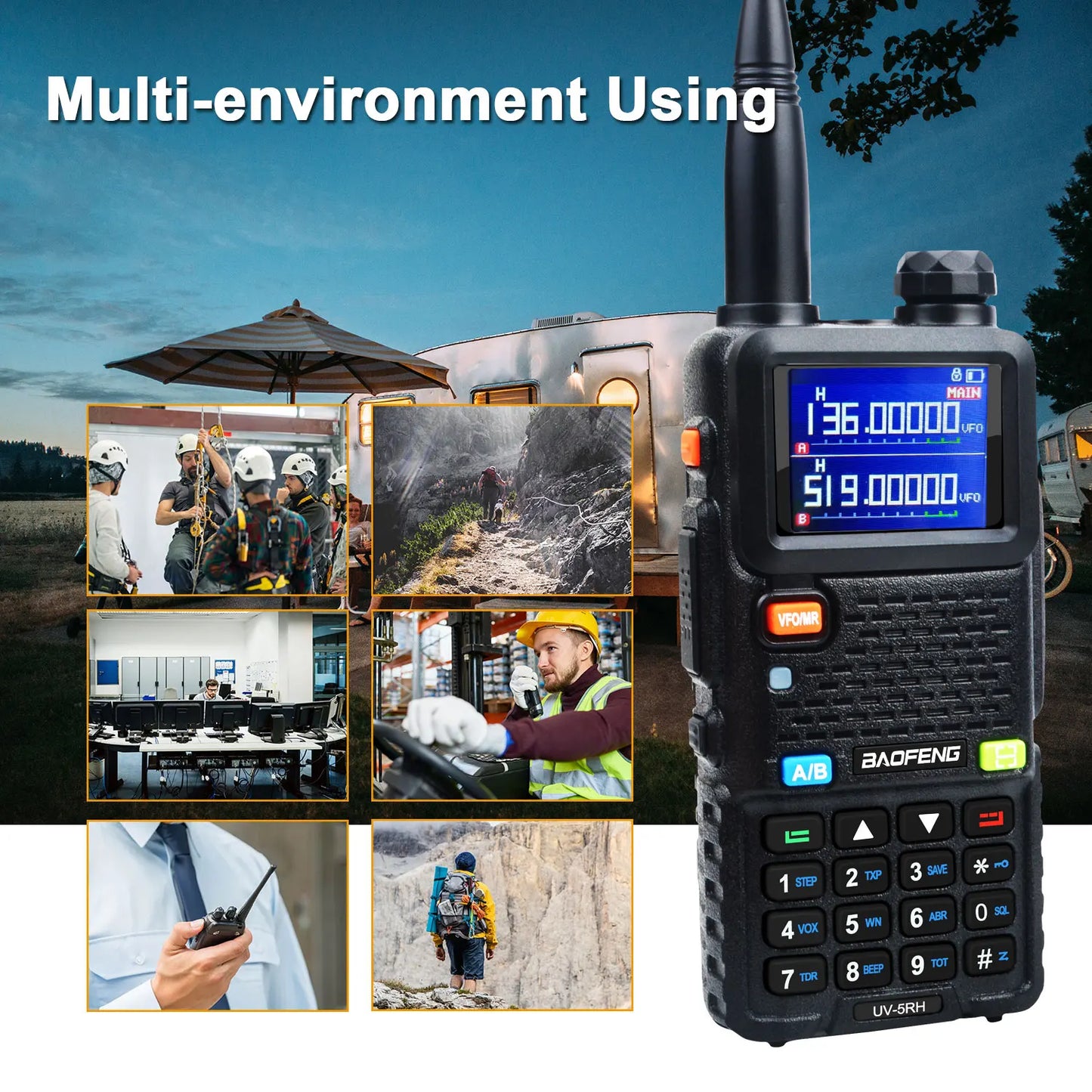 Baofeng UV-5RH Tri-band Walkie Talkie UHF 400-520MHz VHF136-174MHz 200-260MHz Wireless Fast Copy One Channel 7W 999Ch FM Radio