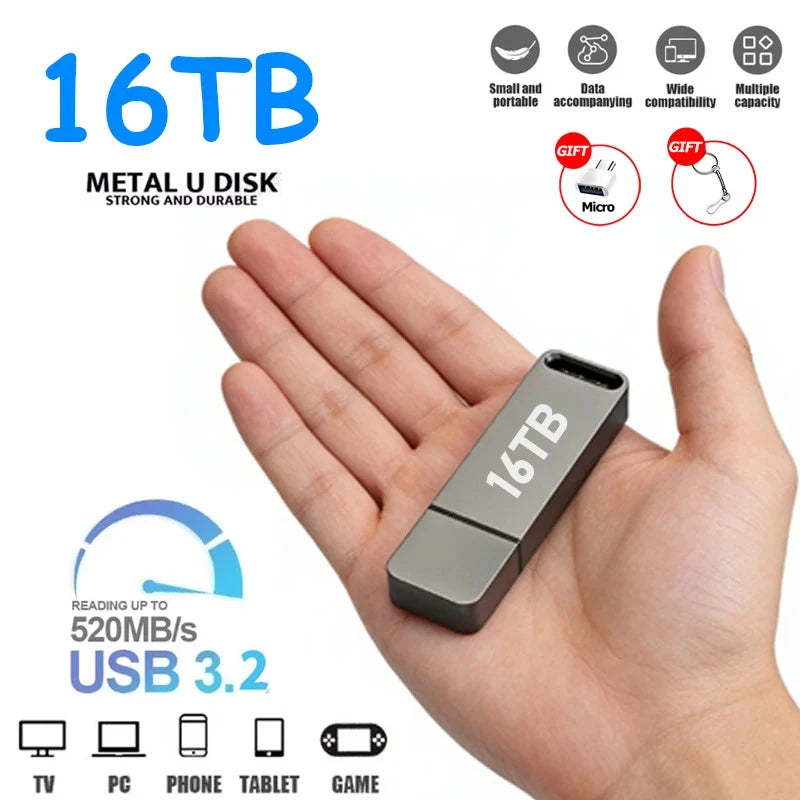 NEW 16TB Metal Flash Drive USB3.2 High Speed Transfer Large Capacity Portable USB Memory Pen Drive For Phone Computer Car U Disk