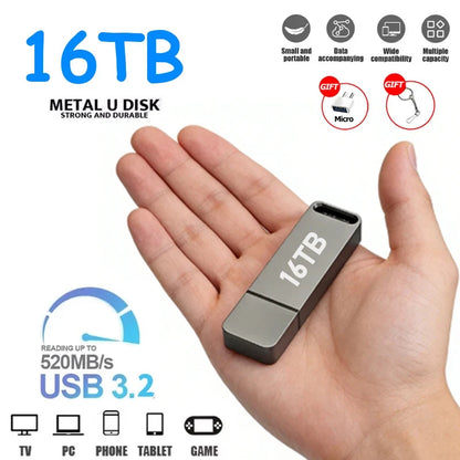 NEW 16TB Metal Flash Drive USB3.2 High Speed Transfer Large Capacity Portable USB Memory Pen Drive For Phone Computer Car U Disk