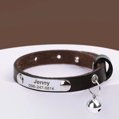 Personalized Cat Collar Leather Kitten Cats Collars Adjustable Pet Necklace With Bell Anti-lost for Cats Free Engraving Custom