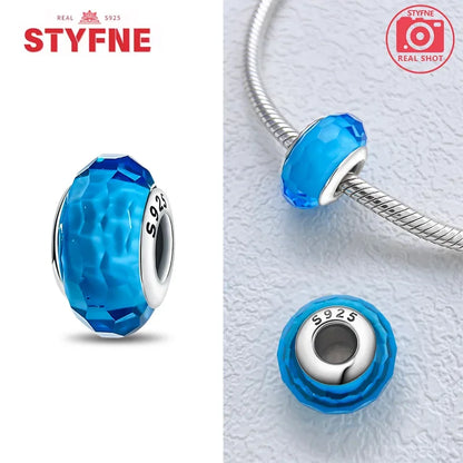 925 Sterling Silver Blue Series Crystal Enamel Murano Charm Bead Fits Original Bracelet for Women DIY Fine Jewelry Gifts