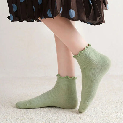 Cotton Women's Socks Frilly Ruffle Socks Spring Summer Casual Ankle Short Boat Socks Loose Knit Solid Color Mid-Calf Socks