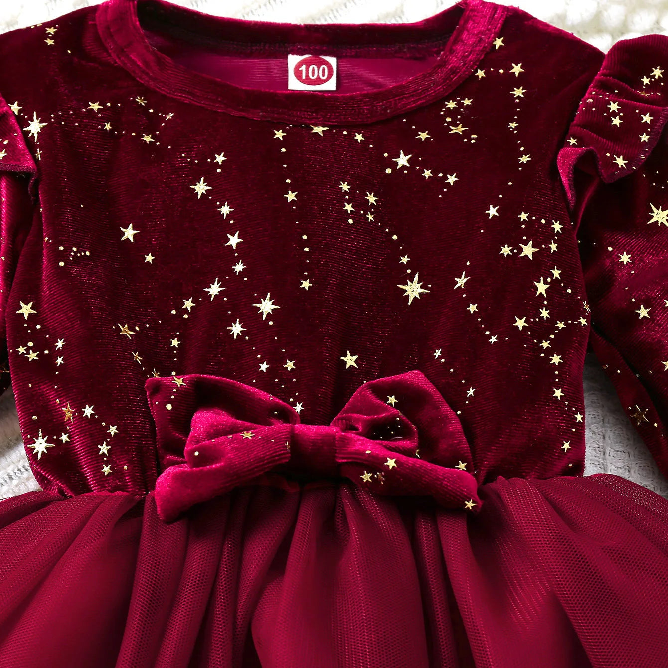 Girl's Autumn Winter Velvet Long-Sleeved Mesh Bow Princess Dress - New Year Children's Party Festive Dress