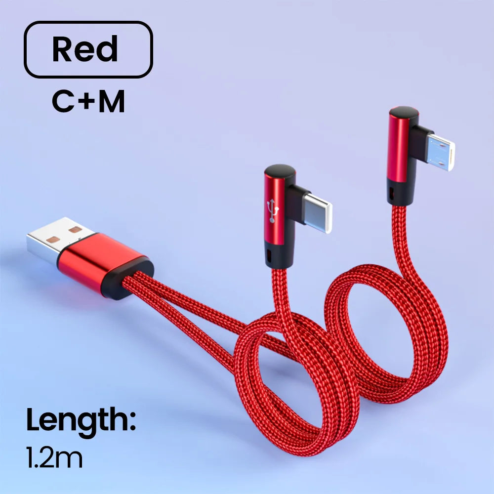 2 In 1 USB Cable To Type C Elbow 90 Degree USB C Cable 66W Fast Charging Data Micro USB Phone Cable For iPhone Android Gaming