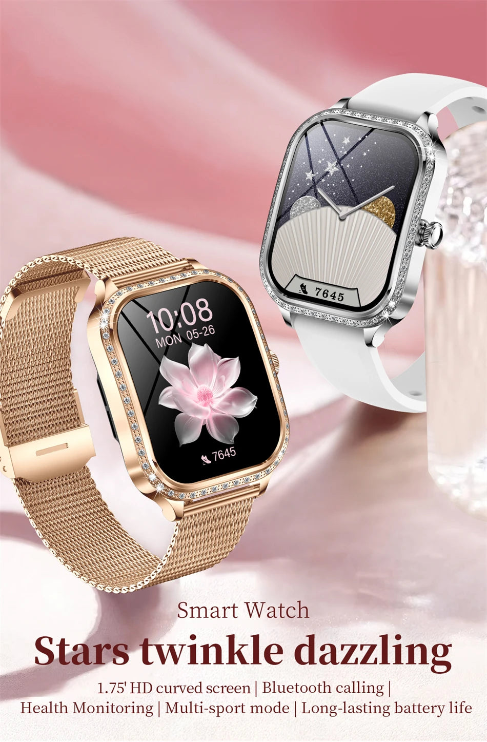 2026 New Fashion Women Diamond Smartwatch Heart Rate Blood Pressure Monitor Music Playback AI Voice Sports BT Calling SmartWatch