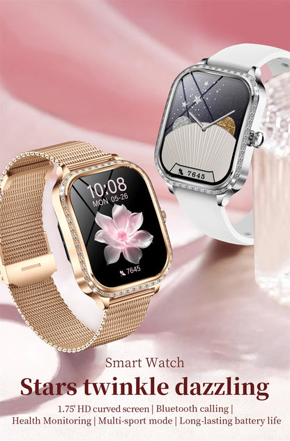 2026 New Fashion Women Diamond Smartwatch Heart Rate Blood Pressure Monitor Music Playback AI Voice Sports BT Calling SmartWatch