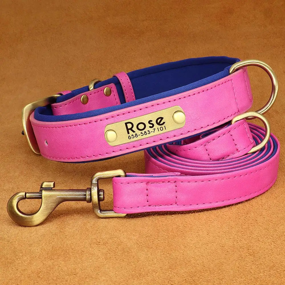 Customized Leather Dog Collar Leash Set, Soft Padded Leather Collar For Small Medium Large Dogs With Free Engraved Nameplate