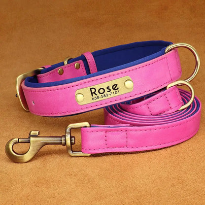 Customized Leather Dog Collar Leash Set, Soft Padded Leather Collar For Small Medium Large Dogs With Free Engraved Nameplate