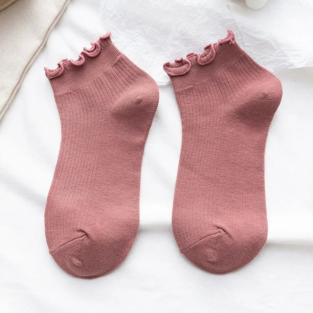Cotton Women's Socks Frilly Ruffle Socks Spring Summer Casual Ankle Short Boat Socks Loose Knit Solid Color Mid-Calf Socks