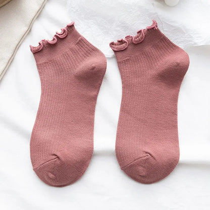 Cotton Women's Socks Frilly Ruffle Socks Spring Summer Casual Ankle Short Boat Socks Loose Knit Solid Color Mid-Calf Socks