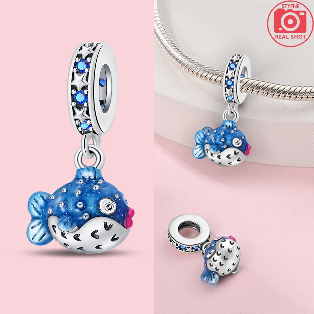 Charms 925 Silver Blue Original Stars Heart Zircon Chameleon Panda Glass Beads Fit Bracelet Jewelry Women Diy Accessories