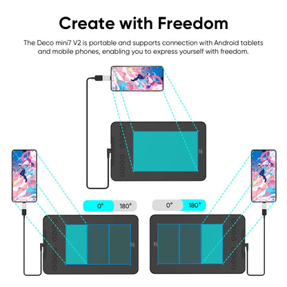 XPPen Deco Mini7 V2 Graphics Tablet, 7*4.3 Inch Digital Drawing Tablet, 8 Keys 16384 Levels 60 Tilt for Art Drawing Signature