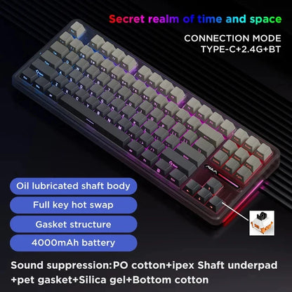 F87Pro Mechanical Keyboard, 2.4g/Usb/Bluetooth Tri Mode Wireless 87 Key 5 Layer Silencing Filling Suitable For Gaming Typing, AULA