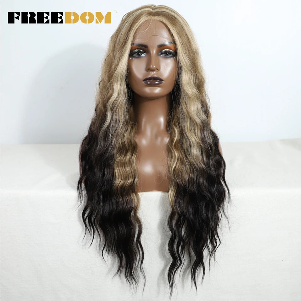 Synthetic Lace Front Wig, Long Deep Wavy Ombre Blonde Ginger Lace Wigs For Black Women, Heat Resistant Cosplay Wigs, FREEDOM