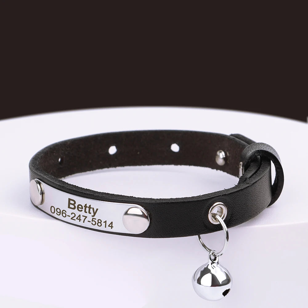 Personalized Cat Collar Leather Kitten Cats Collars Adjustable Pet Necklace With Bell Anti-lost for Cats Free Engraving Custom