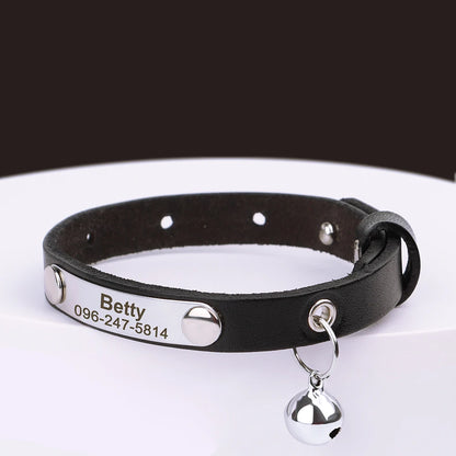 Personalized Cat Collar Leather Kitten Cats Collars Adjustable Pet Necklace With Bell Anti-lost for Cats Free Engraving Custom