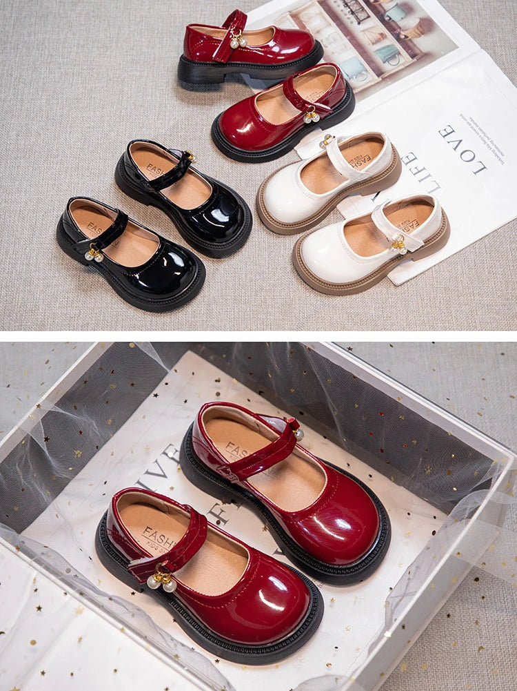 Girls' Chic Leather Princess Mary Janes with Pearl Pendant for Wedding Party, Back to School, Dress Flats (Sizes 26-36)