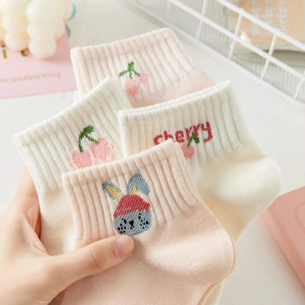 5/10 Pairs Women Striped Ankle Socks Trendy Versatile Pink Fruit Pattern Cartoon Short Socks Comfortable Breathable Casual Socks