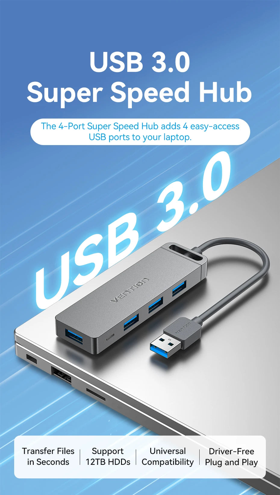 USB Hub, High Speed 4 Ports, Multi USB 3.0 to USB 3.0 Hub Splitter Adapter for MacBook Pro iPad Pro Xiaomi Lenovo USB Hub, VENTION