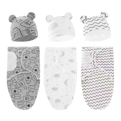 Baby Blanket Hat Set, Cartoon Printed Cotton Newborn Swaddle, Adjustable Infant Sleeping Swaddle Wraps, All Seasons, 0-6 Months