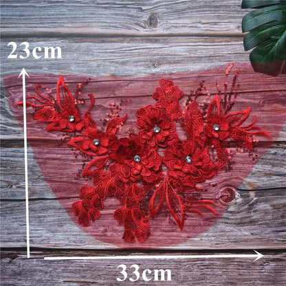 Grey Blue Red 3D Flower Leaf Lace Fabric Sequin Rhinestone Embroidered Gown Appliques Collar Mesh Sew Patch For Wedding Decor