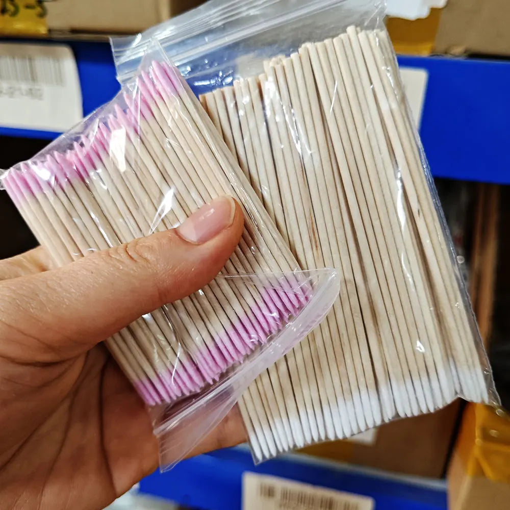 100/200/300/500Pcs Nail Double-Head Wood Swab Cleaning Sticks Pink Dual-Tipped Cotton Head Cleaning Swab Nail Polish Remover 7cm
