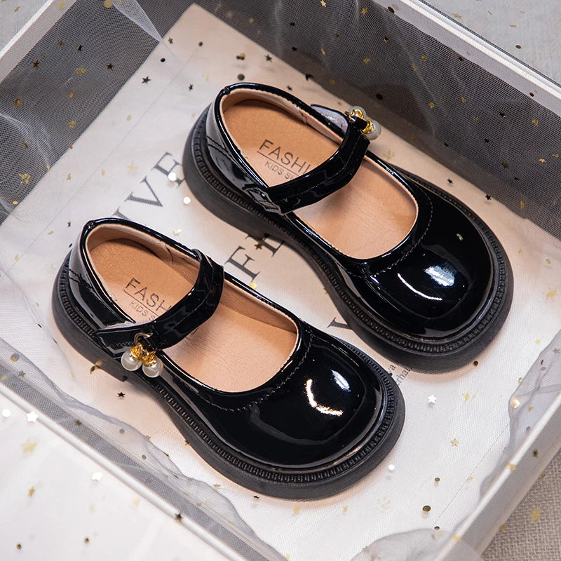 Girls' Chic Leather Princess Mary Janes with Pearl Pendant for Wedding Party, Back to School, Dress Flats (Sizes 26-36)