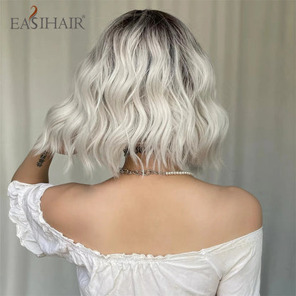 EASIHAIR Ombre Blonde Short Wavy Cosplay Lolita Wigs with Bangs Light Platinum Bob Synthetic Hair Wigs for Women Heat Resistant