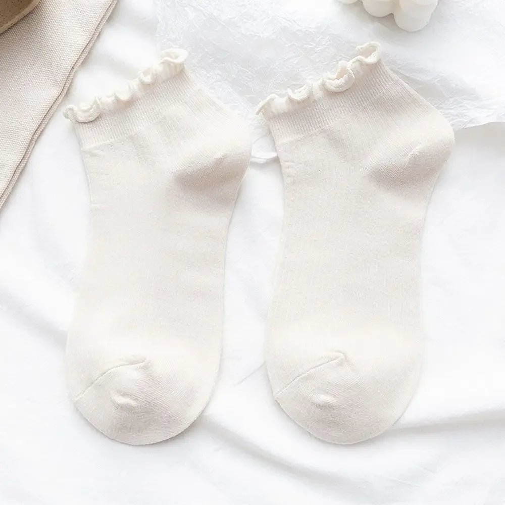 Cotton Women's Socks Frilly Ruffle Socks Spring Summer Casual Ankle Short Boat Socks Loose Knit Solid Color Mid-Calf Socks