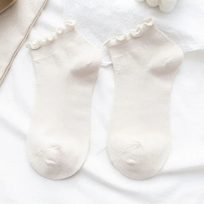 Cotton Women's Socks Frilly Ruffle Socks Spring Summer Casual Ankle Short Boat Socks Loose Knit Solid Color Mid-Calf Socks