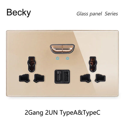 Gold Tempered Glass Wall Switch Panel LED European 16A Socket Retro Toggle Light Switch EU UK Standard 2USB Socket 1Gang-4Gang