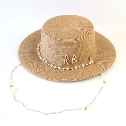 New Women Summer Hats, Straw Sun Hat, Panama Elegant Straw Fedoras Lady Girl Outdoor Vacation with Pearl Chain Sunshade Beach Hat