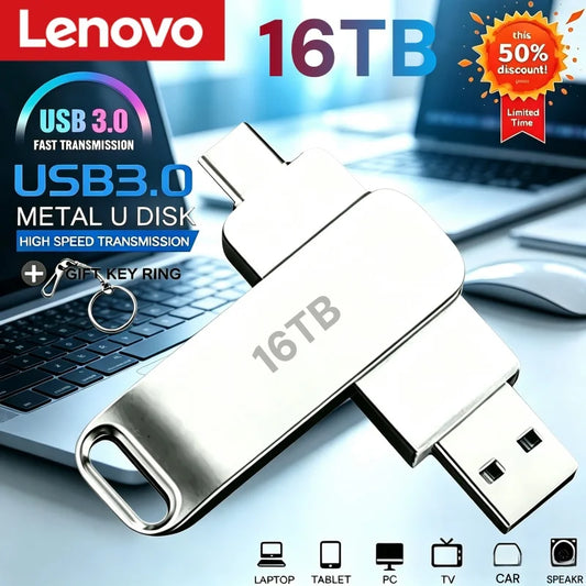 Lenovo 16TB USB 3.2 Flash Drives Transferencia de alta velocidad Metal Pendrive Tarjeta de memoria Pendrive Flash Disk Memoria impermeable Stick