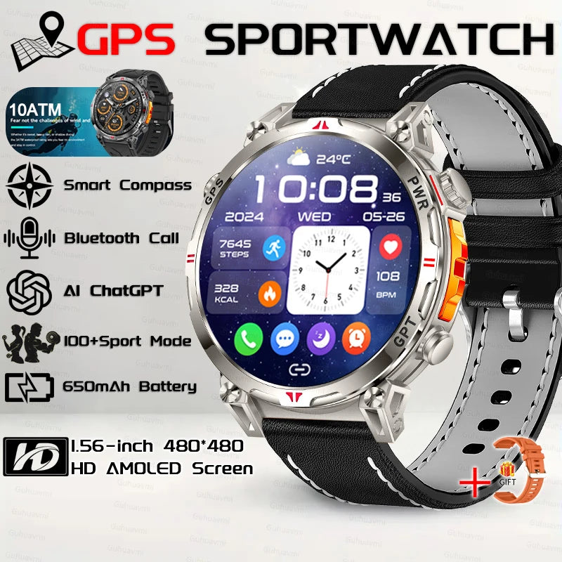 2026 New Outdoor GPS Sports Smartwatches Men Compass 10ATM Waterproof 24/7 Health Monitoring ChatGPT Bluetooth Call Smart Watch