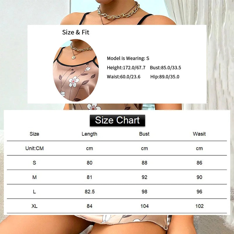 Women's Sleepdress Satin Floral Print Nightdress Comfortable Spaghetti Strap Sleepwear Dress Luxurious Satin Slip Nightdress