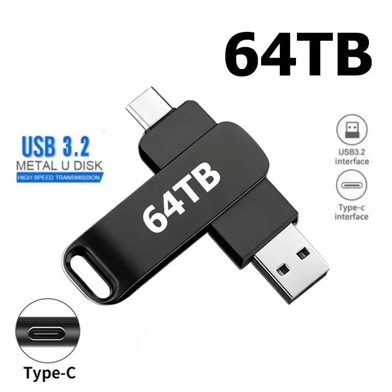 64TB USB 3.2 Flash Drive High Speed 2TB USB Transfer Type-C 2-In-1 16TB OTG Pendrive Waterproof Flash Disk For Computer Storage