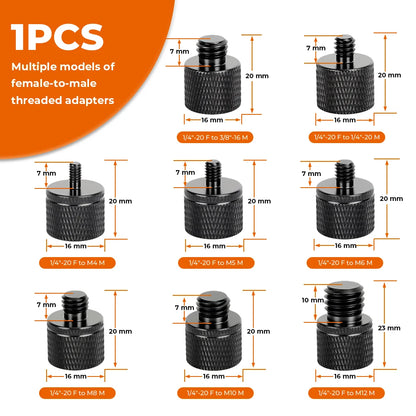 HDRig Universal 1/4"-20 Female to 1/4" 3/8" M4 M5 M6 M8 M10 M12 Male Threaded Screws Mount Adapters Tripod Camera