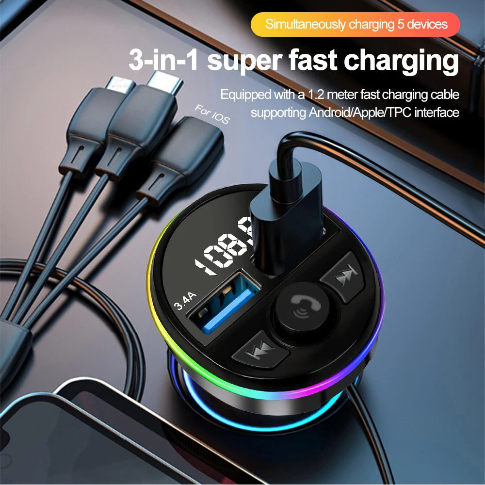 Bluetooth 5.0 FM Transmitter Car MP3 Modulator Player Handsfree Audio Receiver PD+USB Phone Charger With 3 in 1 Charge Cable