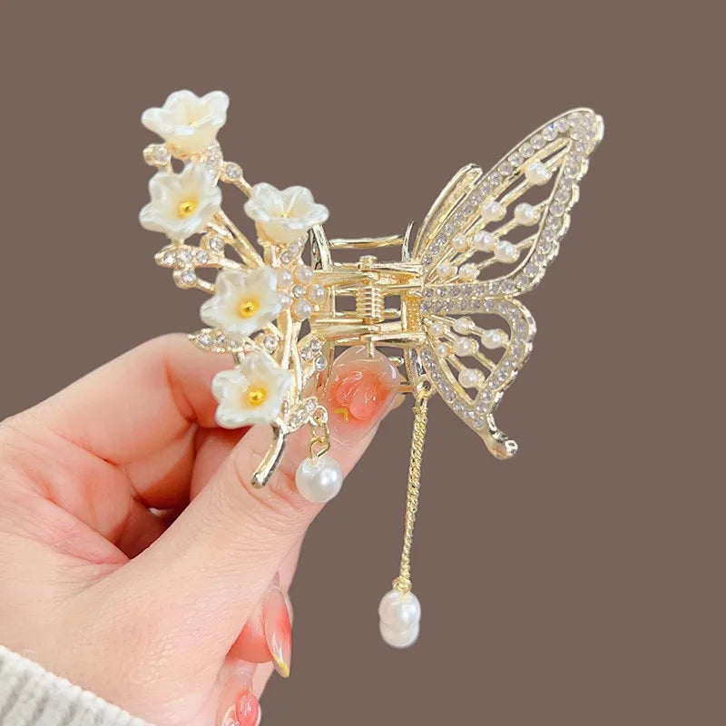 Glitter Shark Grip Clips Korean Style Sweet Romantic Hair Claws Butterfly Shape Girls Pearl Tassel Metal Jewelry Hair Accessory