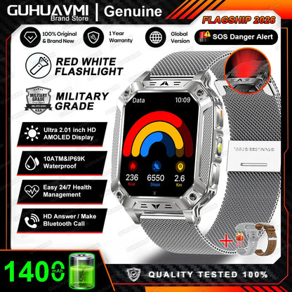 2026 New Built-in 1400mAh Super Large Battery Men Smart Watch Outdoor GPS 2.01"AMOLED Screen 10ATM Waterproof BT Call Smartwatch