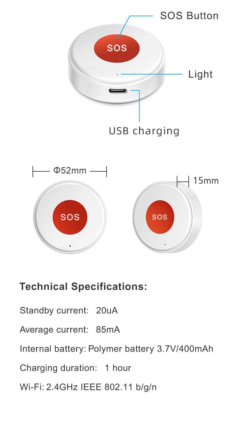 Smart Life APP WiFi SOS Emergency Button Tuya Home Security Elderly Children One-Click Call Help Alarm Remote Notification