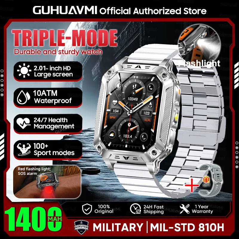 2026 Military outdoor SmartWatch Fitness Clock Men 2.01 inch AMOLED Screen 1400mAh Battery Flashlight Call Waterproof Smart Band