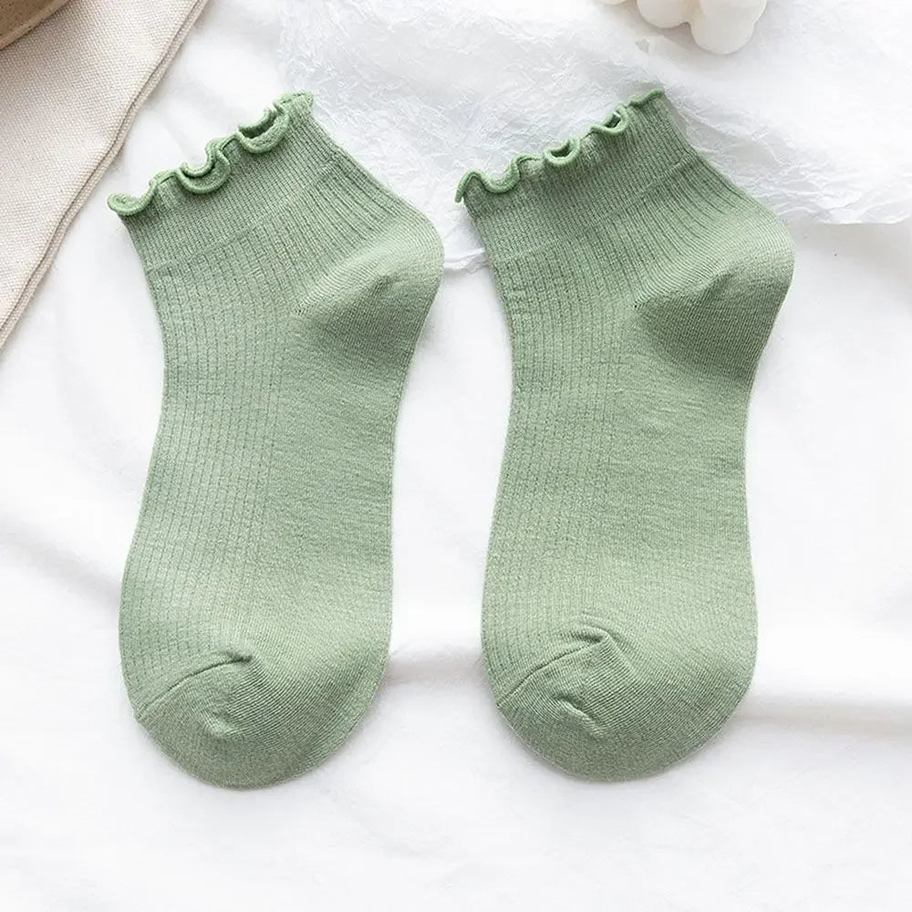 Cotton Women's Socks Frilly Ruffle Socks Spring Summer Casual Ankle Short Boat Socks Loose Knit Solid Color Mid-Calf Socks