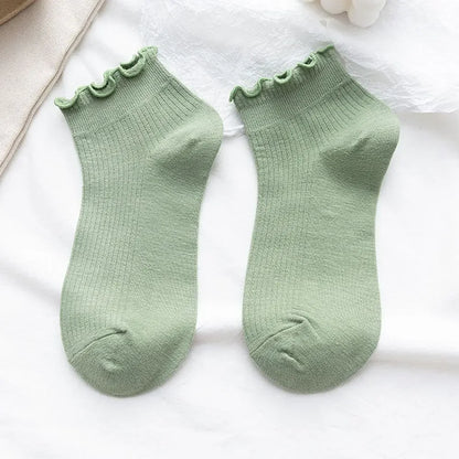 Cotton Women's Socks Frilly Ruffle Socks Spring Summer Casual Ankle Short Boat Socks Loose Knit Solid Color Mid-Calf Socks