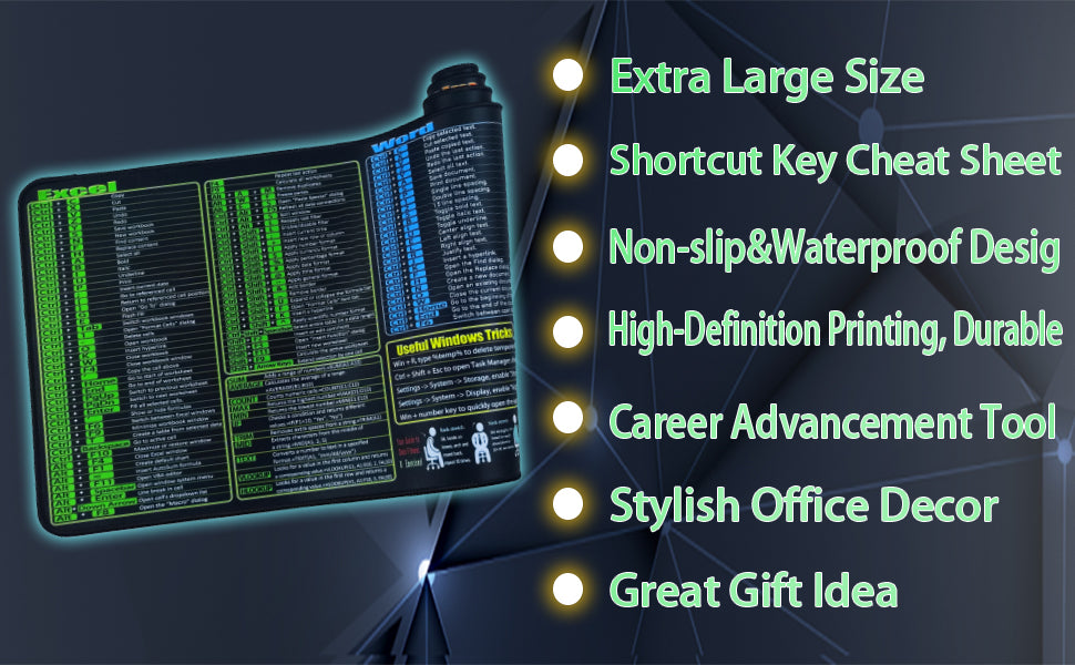 Excel/Word/Power Point/Windows Mouse pad,Non-Slip Large Gaming Office pc Desk mat Over 200 Keyboard Shortcuts Mousepad