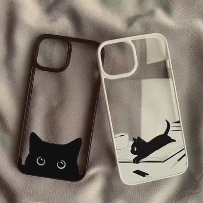 Cute Black Cat Pattern Hard Clear Phone Case For iPhone 15 16 17 Pro Max 16 Plus 17 Air 16E 14 13 12 11 Pro MINI Anti-fall Cover